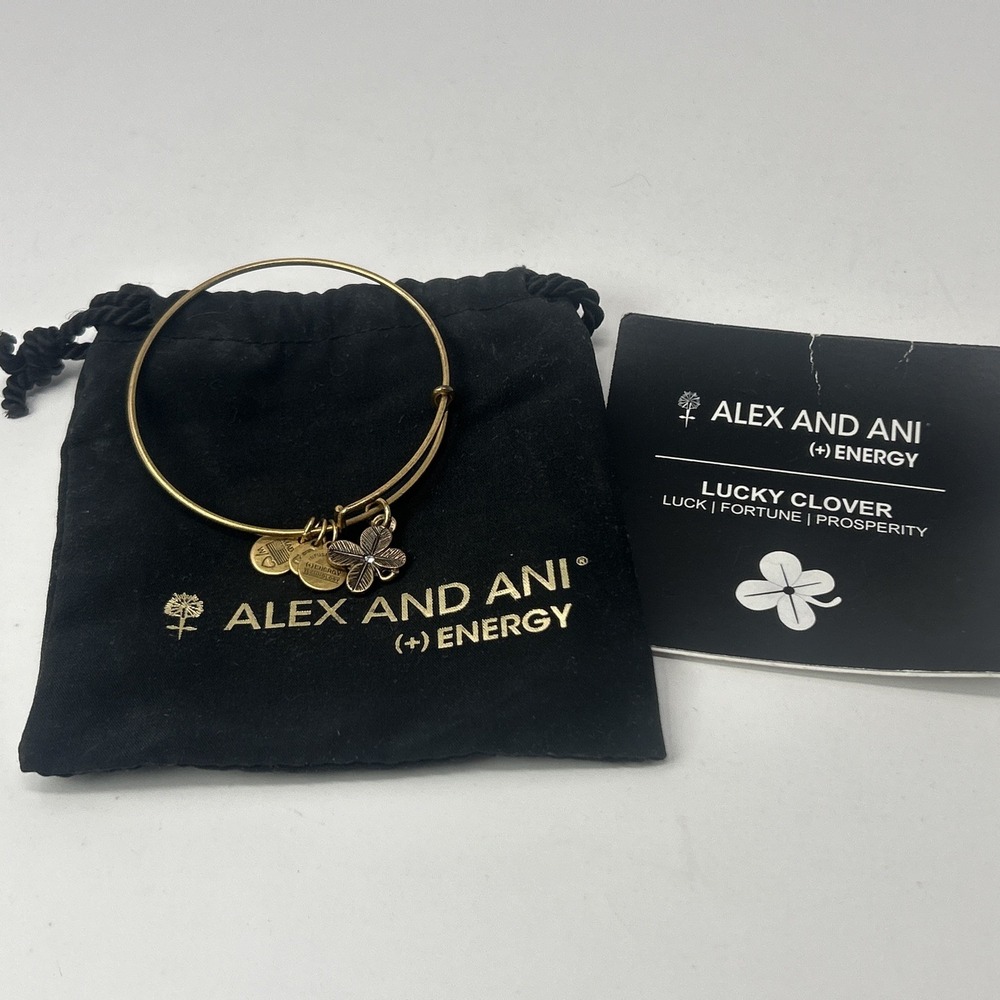 ALEX AND ANI + Energy Gold Tone Expandable Bangle Charm Bracelet Lucky Clover